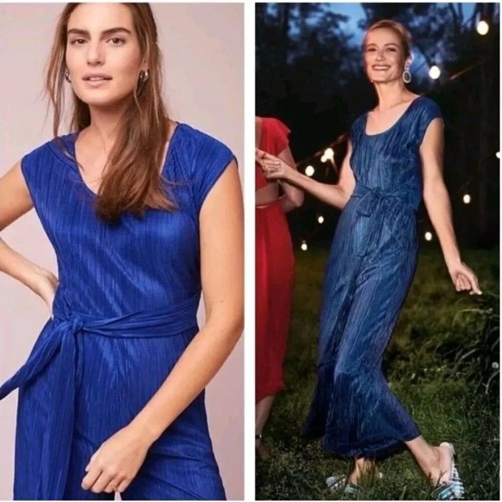 Anthropologie Maeve Sonata Blue Pleated Jumpsuit 4 Wide Leg